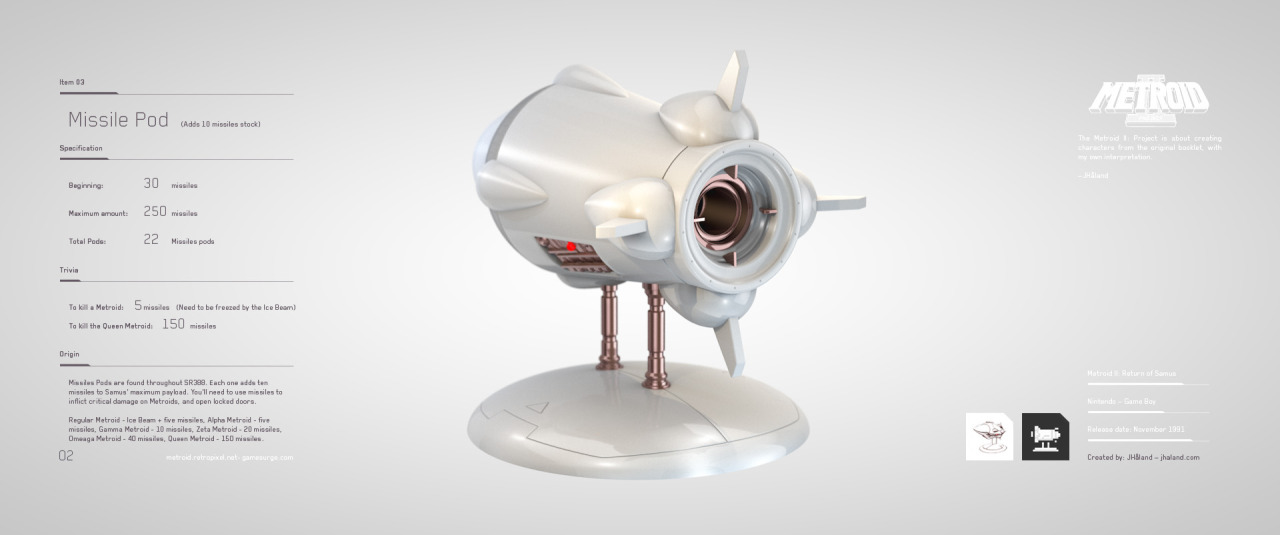 Missile Pod
An item from Metroid II: Return of Samus.
The Metroid II: Project is about modeling and render characters from the game booklet.
See the whole project at Flickr