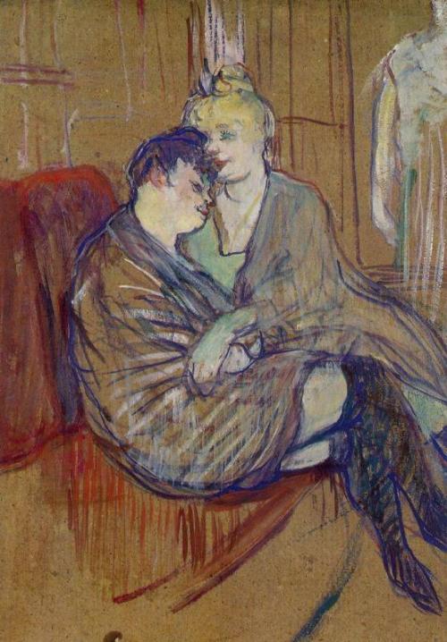 artist-lautrec:The Two Girlfriends, 1894, Henri de Toulouse-LautrecMedium: oil on cardboard