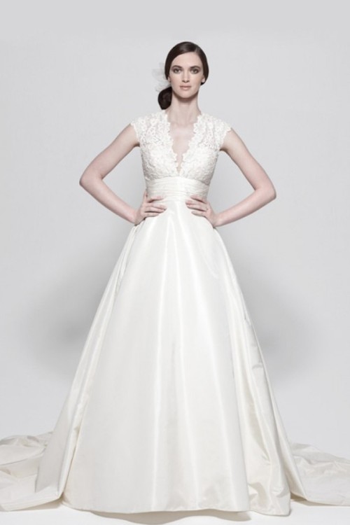 Ball Gown Satin,Lace V-Neck Empire Court Train Full Back Sleeveless Ruching Wedding Dress