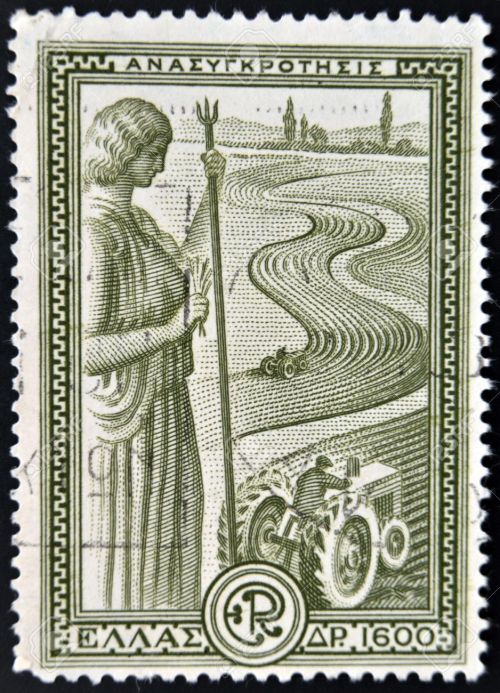 Ceres. Greek postage stamp, circa 1970.Farming methods have changed, but the Goddess still blesses t