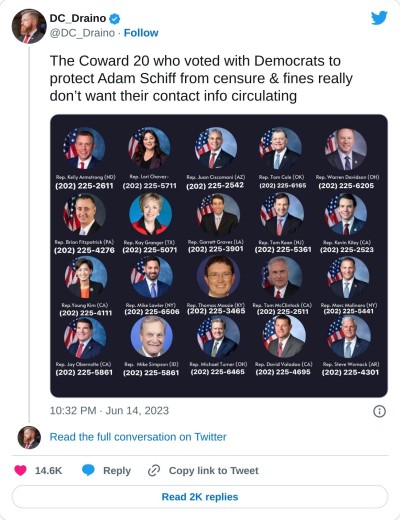 The Coward 20 who voted with Democrats to protect Adam Schiff from censure & fines really don’t want their contact info circulating pic.twitter.com/r4eWfuIGqp

— DC_Draino (@DC_Draino) June 14, 2023