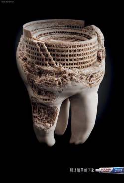 swanch00:  sixpenceee:  This add uses historical monuments to show the effects of tooth decay. Pretty effective if you ask me.   I would be terrified too if my mouth bacteria became smart enough to do architecture 