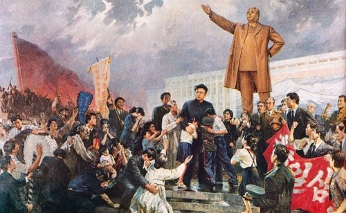 A portrait of Kim Jong il comforting the masses after the death of Kim il Sung.