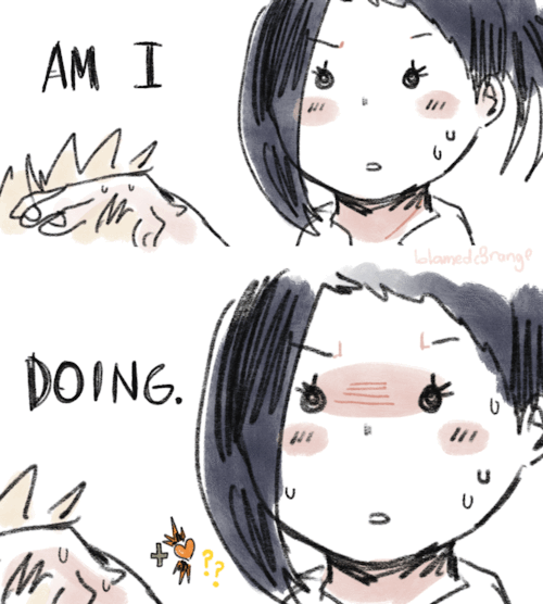 blamedorange:  Momo falls under the spell of the “Dating sim MC” quirk ……..[also kaminari is very horrified bc he definitely tried to pet his hair before….]Based from dating sim post and: