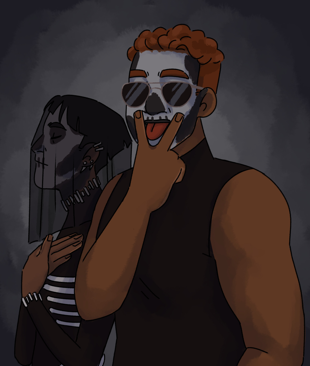 [ID:  A waist-up digital illustration of Gideon Nav  and Harrowhark Nonagesimus from the locked tomb series. Both are wearing skull face paint. Harrow stands in profile looking solemn with her arms crossed over her chest. She is wearing a veil. Gideon is turned towards the viewer, sticking her tongue out between her fingers. She is wearing mirrored sunglasses. End ID.]She is a menace 😩 #griddlehark#gideon nav#harrowhark nonagesimus#ninth house#9th house#tlt #the locked tomb  #gideon the ninth  #harrow the ninth #gideon#harrow#oceanarts