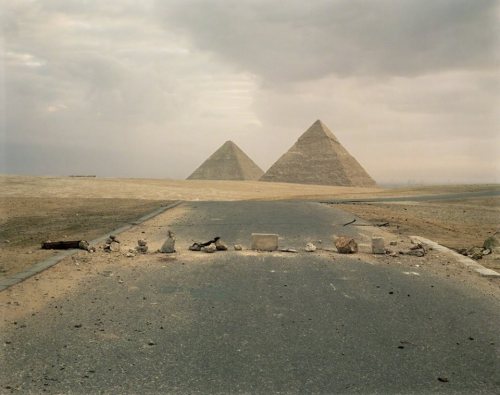 archaic-mag:Road Blockade and Pyramids by Richard Misrach, Egypt, 1989