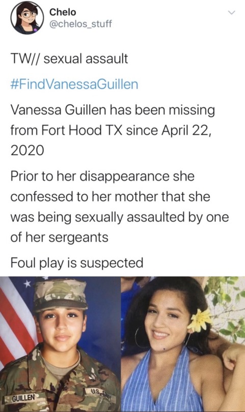 krxs100: Soldier Vanessa Guillen Disappeared From Fort Hood Army Base in April. Here’s What You Need To Know About the Case   Vanessa Guillen, a 20-year-old U.S. soldier, last seen on April 22 in a parking lot on the Fort Hood Army Base in central Texas.