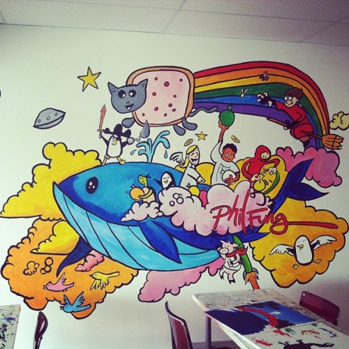 The studio mural #philfungstudio #philfung #painting #popart #cartoon #whales #penguins #pigsthatfly #angels #waterballoons #nyancat #ninjas #pirates #art