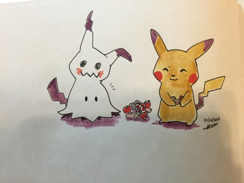 Inktober 14 Pikachu and mimikyu doodle The yellow didnt photograph too well &gt;_