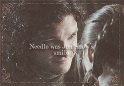 promiseme-ned:  “Needle was Robb and Bran and Rickon, her mother and her father, even Sansa. Needle was Winterfell’s grey walls, and the laughter of its people. Needle was the summer snows, Old Nan’s stories, the heart tree with its red leaves and