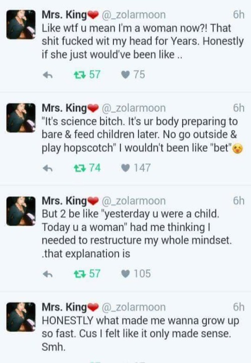 radical-feminsim:  Parents/adults don’t understand the impact of their words or explanations. Kids take everything literally so when u tell a little girl she’s a woman now, she’s going to believe u.   It might not be so dangerous if womanism wasn’t