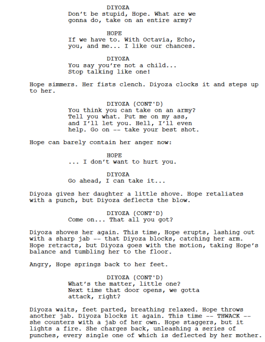 Hope you all enjoyed “The Queen’s Gambit”, the directorial debut of our very own Lindsey Morgan and written by the incomparable Miranda Kwok. Our first script to screen is Scene 16 when Hope and Diyoza open up and end up fighting in their cell.