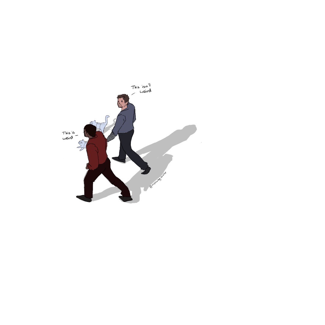 meowing-sheep:thatmexisaurusrex:Just Sam and Bucky, debating whether or not walking their cats outside on leashes would be a totally normal thing to do.It is a totally normal thing to do
