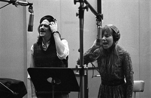 bobdylan-n-jonimitchell:James Taylor & Joni Mitchell laying background vocals for ‘Will You Love