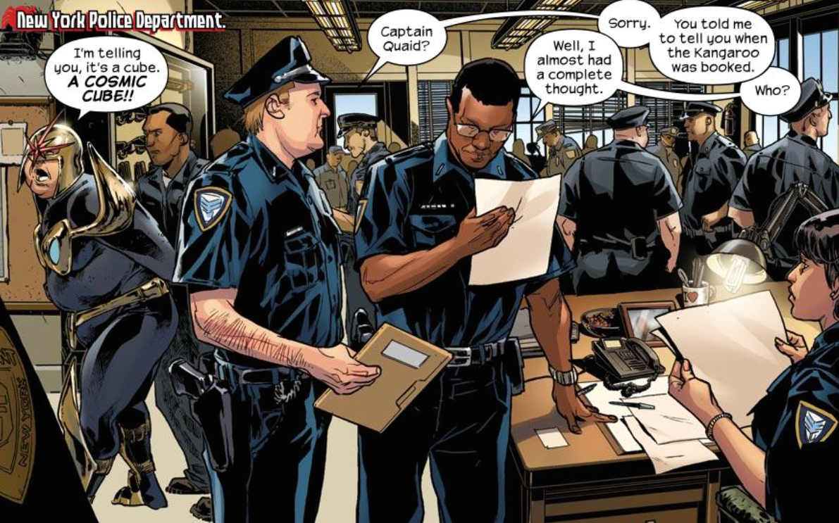Running gag in Ultimate Spider-Man and any scene set in a police department!