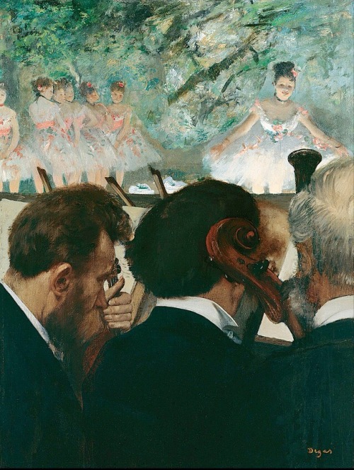 life-imitates-art-far-more:Edgar Degas (1834-1917) “Musicians in the Orchestra” (1872) Oil on canvas