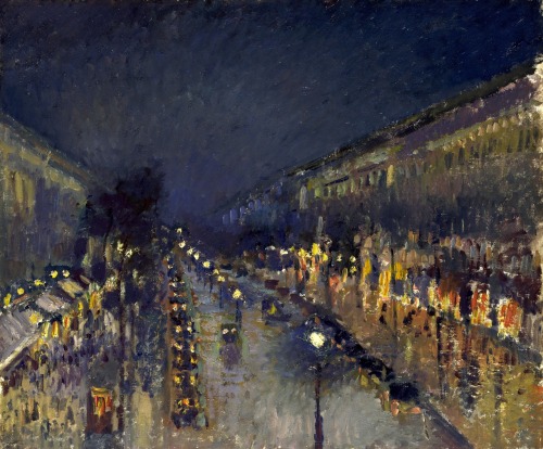 insipit:  Camille Pissarro (1830–1903, France)Boulevard Montmartre series  Pissarro was a Danish-French Impressionist and Neo-Impressionist painter. He studied from great forerunners, including Gustave Courbet and Jean-Baptiste-Camille Corot, then later