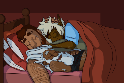 where-are-the-owl-s:sleepy boystack [image description: a drawing of Magnus, Taako and Merle sleepin