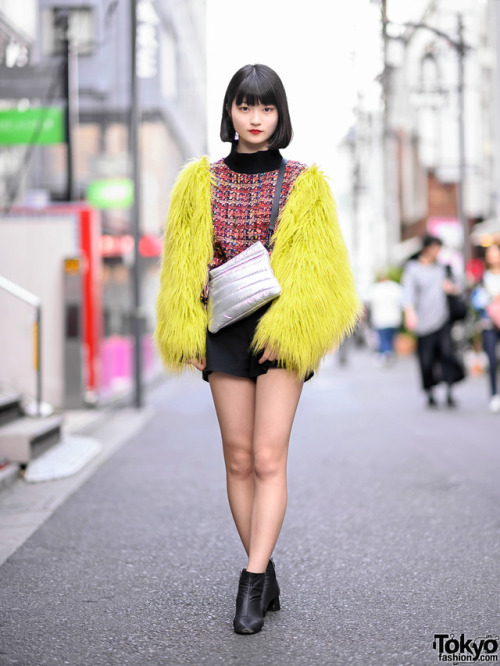 14-year-old Japanese student and aspiring model Kanade on the street in Harajuku wearing a shaggy fa