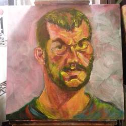 Working on a self-portrait. Acrylic on canvas,