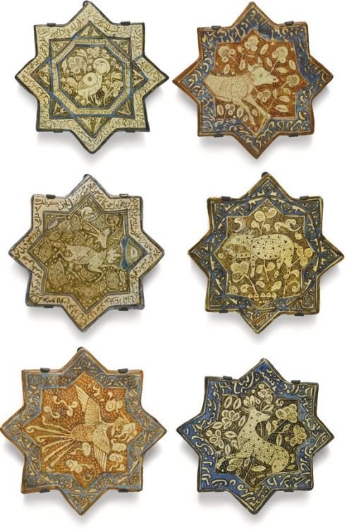 designobjectory: SIX KASHAN POTTERY STAR TILES, Persiacomprising six tiles decorated with lustre ove