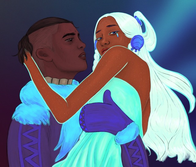 digital painting of sokka holding yue as she floats away into the night. sokka is painted in dark colors, obscured by shadows, as he looks pleadingly at yue, who is looking away from him, at the viewer, which a single large tear rolling down her cheek. the light that surrounds her is bright, and her colors are bright and otherworldly. the freckles on her skin are white like twinkling stars in a clear sky. even though she is in his arms, it is as if she is already in another world, even as her arm extends into sokka's hair, clinging to him with everything she has left. 