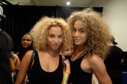 Stephanie Bertram Rose and Jasmine Sanders backstage after Jeremy Scott SS15  Photography Tracy Bail