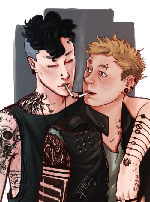 queersherlockian: commissioned Risah for some punk!lock/tattoo!lock/johnlock, and it’s perfection. 