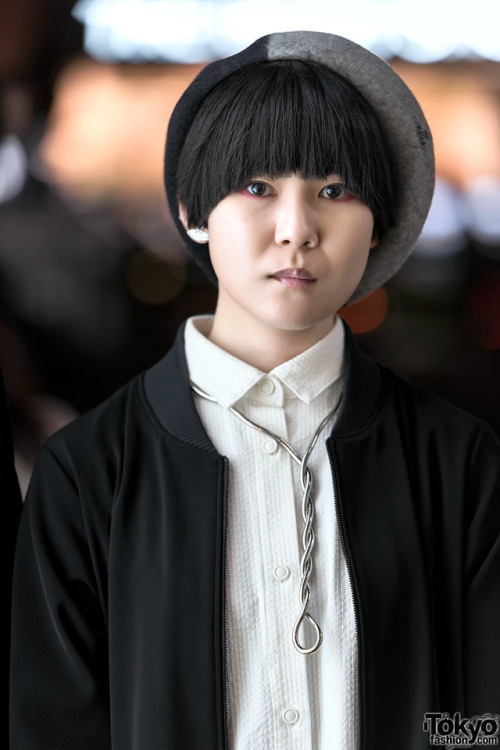 Hatty and Mitsu on the street in Harajuku after dark. Their minimalist looks include items from Yu b