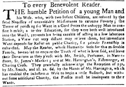 yesterdaysprint:The Public Advertiser, London, May 4, 1758To every Benevolent ReaderThe humble Petit