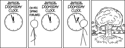 xkcds:  After a power outage at the Bulletin of the Atomic Scientists, the new Digital Doomsday Clock is flashing 00:00 and mushroom clouds keep appearing and then retracting once a second.           Doomsday Clock [Explained] 