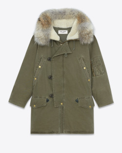 lbmh-deactivated20150104:  SAINT LAURENT WOMENS OVERSIZED HOODED PARKA IN KHAKI COTTON AND LINEN WITH SHEARLING LINED AND COYOTE TRIMMED HOOD 