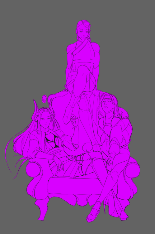 Working on a fake promo image for my KDA verse girl group Solo Que.Karma, Syndra, and Irelia are my 