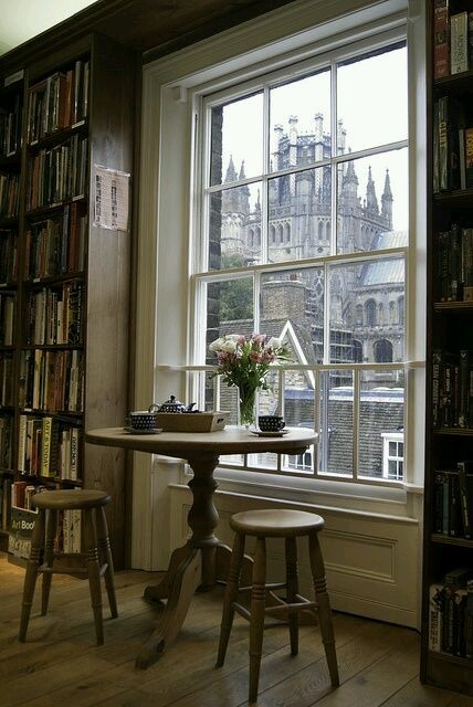 vogliofarelastronauta:Bookshop in Ely looking out window to Ely Cathedral.