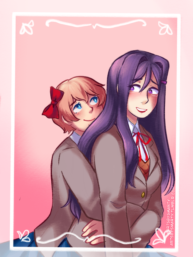 ID: A drawing of Sayori and Yuri from DDLC. Sayori is hugging Yuri from behind and looking up at her with a sad smile. Yuri is looking back at Sayori with tears in her eyes and a flushed expression. They are standing against a pink background with a white border. End ID