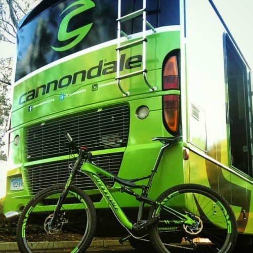 instabicycle:Via @cannondaleza: Team green! This lefty just having a nice chat with our tour bus, th