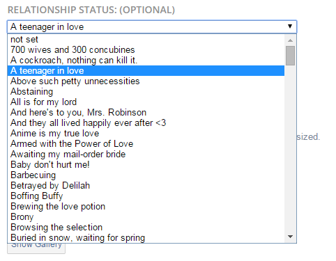 dumbass-bitch-disease:  imascoldasiceascoldasicecanbe: fano-tastic:  marshmellowtea:  high-metafive:  so i made and account on tv tropes and it asked for my relationship status i went over and was about to put in “single” or “it’s complicated”