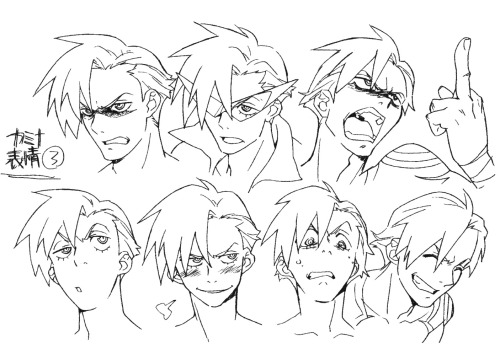 as-warm-as-choco:  GURREN LAGANN (天元突破グレンラガン) Character designsPt.1: Kamina’s expressions by Atsushi Nishigori (錦織 敦史)