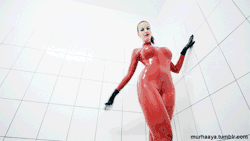 frauleinkavka:  murhaaya:  Red catsuit part II. Finally a collaboration with latex model - Honeyhair Catsuit by Simon O.  To see more, go see a Honeyhair’s channel at vimeo or her page where more videos will soon be posted.   Mhm ;) ^v^