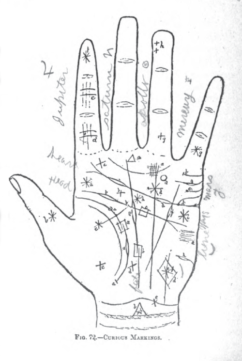 Handwritten labeling.
From p. 105 of New Complete Palmistry: Containing the Most Simple Presentations of the Science of Modern Palmistry, Including All of the Discoveries, Investigations and Researches of Centuries by Julius and Agnes Zancig (1905)....