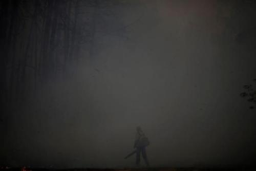 A volunteer works to put out a forest fire in an area of Brasilia’s National Forest, in Brasil