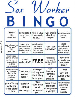 alicetookadrink:gothamswhore:rydenarmani:i made a bingo card for my sex worker pals, because i know all of us have experienced AT LEAST one of these. if you aren’t in a bad mood by the time you win bingo, you’re stronger than me.  I want a sex worker