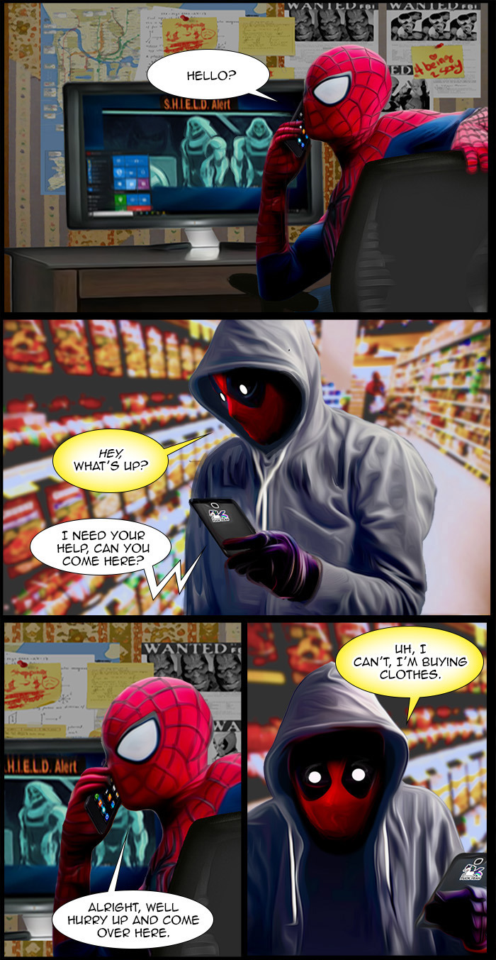 geminidragonjasminealexandra:  SpideyPool Soup These guys get along like soup! Inspired