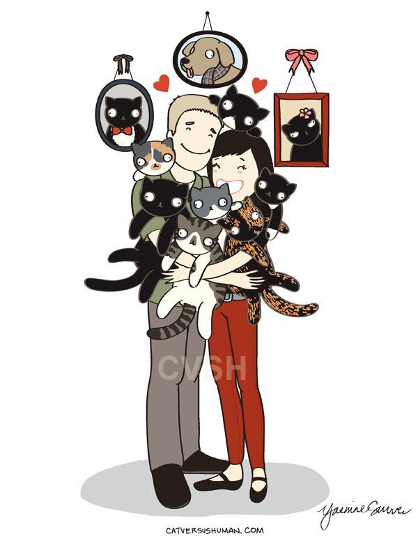 Ida‘s family portrait. The kitties and dog in the frames are a memorial.
Illustration by @Cat Versus Human