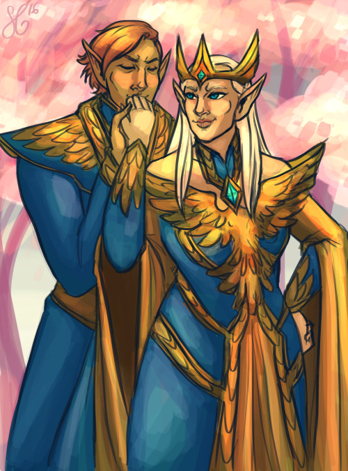 @imperiius‘s Shalanwe and Ayrenn all dressed up for some manner of fancy we-saved-the-world party
