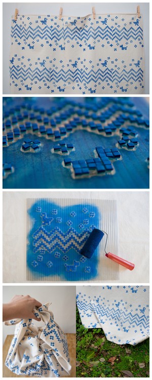 DIY Hand Printed Cross Stitch Fabric The stamp base is clear plastic and then small squares of hard 