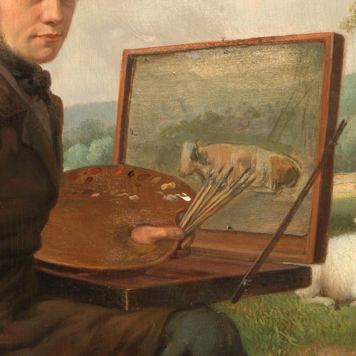 The Artist Painting a Cow in a Meadow (details) by Hendrikus van de Sande Bakhuyzen, 1850.•Foll