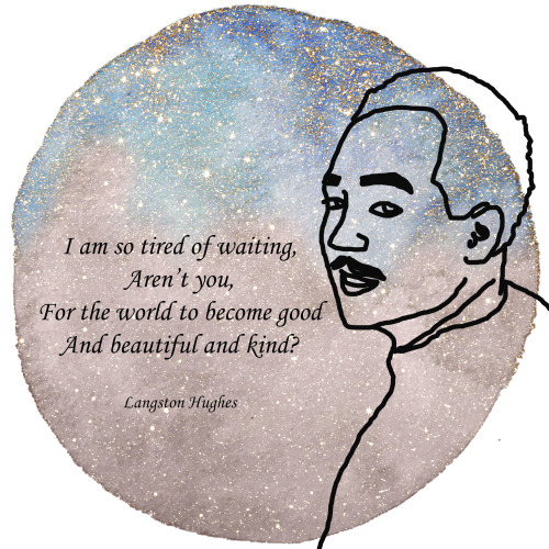 makingqueerhistory: [Image Description: a black line drawing of Langston Hughes over a pink and blue