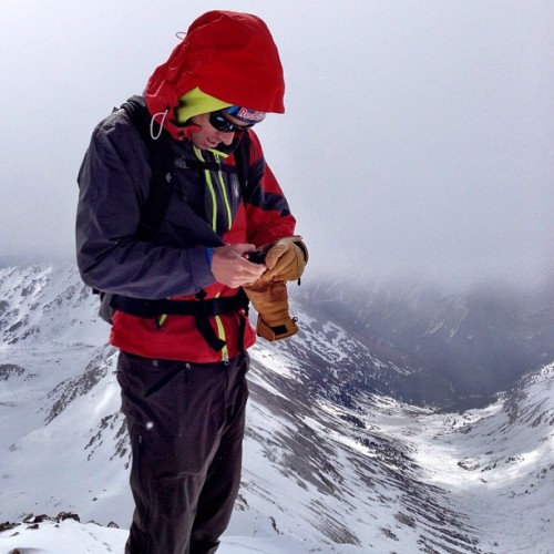 @steepskiing spends a little time with his handheld device on the summit of 13908’ Casco Peak in Colorado’s Sawatch Range this past Tuesday – on his way to skiing 5 tall 13ers in 3 days with @tedmahon and @scottrinck. #impressive #skithe13ers...