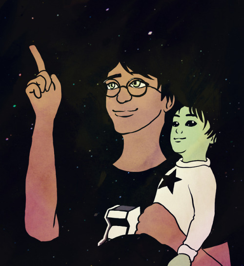 alias-sqbr:Pascal Curious holds his alien toddler in his arms and points up to the sky. They’re both